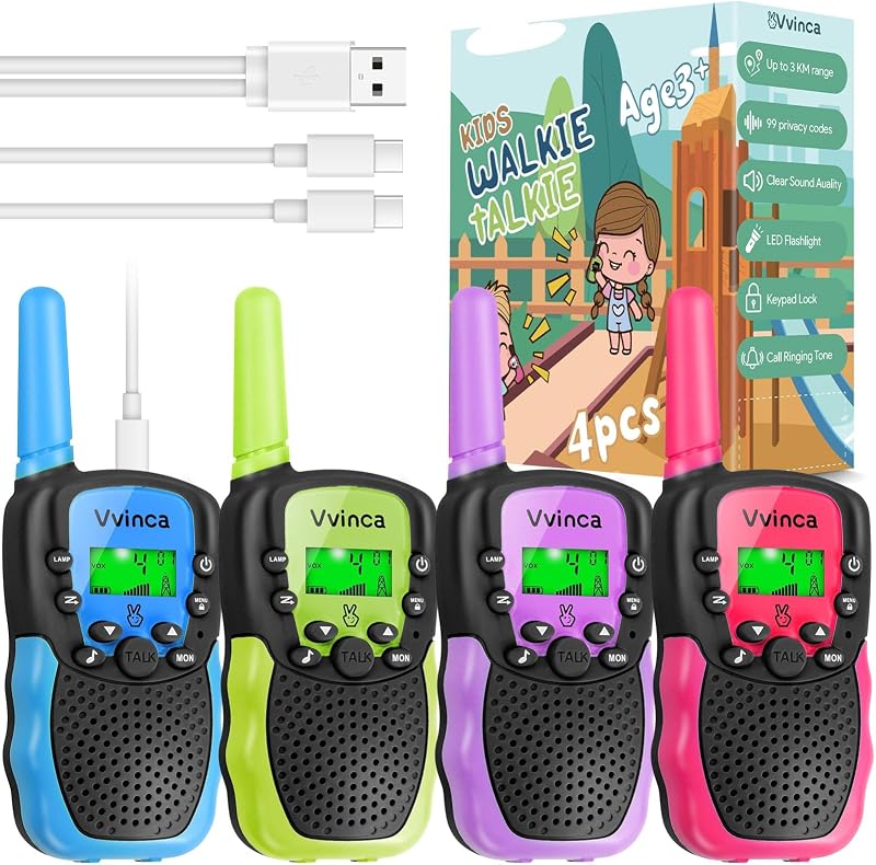 Vvinca Walkie Talkies para niños recargables, paquete de 4, walkie talkie de 3 millas de largo alcance, regalo de cumpleaños de Navidad para niños de 3 a 12 años con linterna, radio de 2 vías de 22 canales para aventuras, camping, senderismo al aire libre