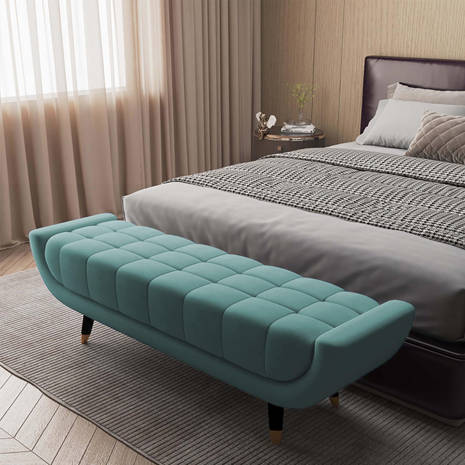 Banc ottoman de rangement bout de lit et entrée en tissu gris et éponge