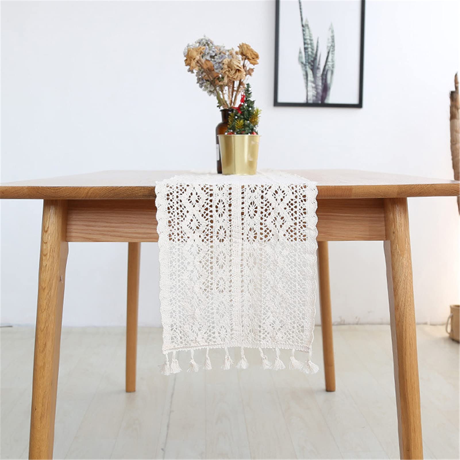 Eleganter Makramee Tischläufer Mit Quasten Für Rustikales Hochzeits-/Party, Häkelspitze,Baumwolle Hohle Tischdecke Im Boho-Stil,Weiß,24x210cm