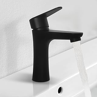 Wasserhahn Bad Schwarz, Waschtischarmatur Edelstahl, Einhebelmischer Badezimmer, Waschbecken Armatur, Auslaufhöhe 108 mm, Badarmatur, Mischbatterie Waschbecken, elegantes Design, wassersparend