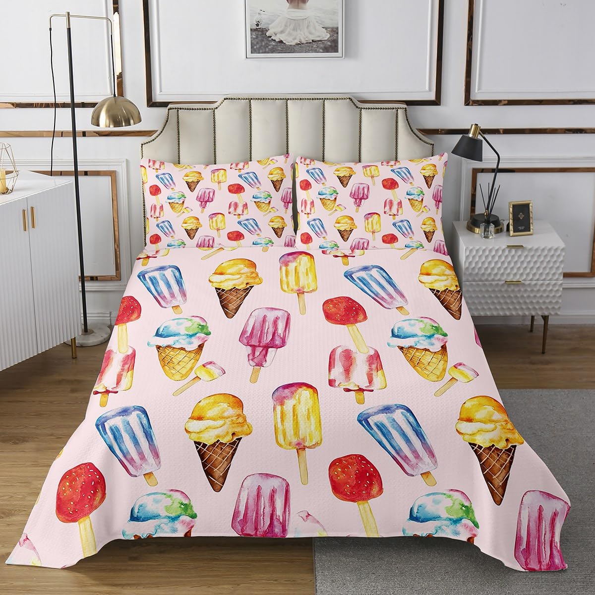 Erosebridal Ice Cream Coverlet Set,Oil Painting Popsicles Quilt Set Twin Size for Kids Boys Girls,Summer Themed Bed Cover,Yummy Food Bedspread Set