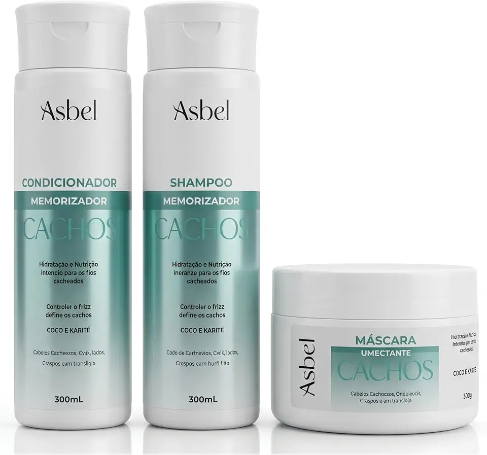 Kit Cachos Asbel Professional - Shampoo, Condicionador e Máscara 300ml - Definição Prolongada, Hidratação Intensa com Aloe Vera e Óleo de Abacate - Ativador de Cachos e Antifrizz.