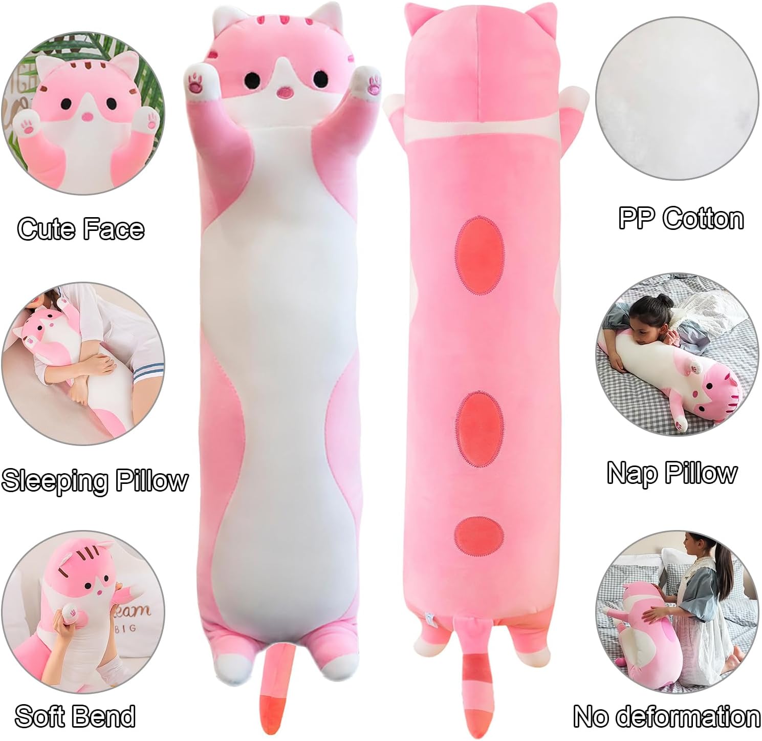giant cat pillow plush cartoon kitty sleeping hugging pillow, cuddly soft long kitten body pillow doll cat cushion toy for kids girlfriend (pink, 150cm/59inch) pink 59 inches