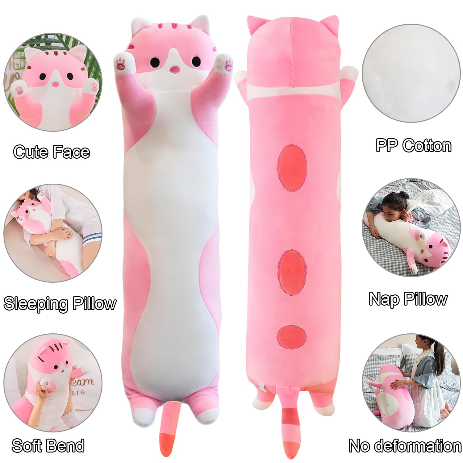Kekeso Gatto Peluche Cuscino Lungo, Morbido Carino Gatto Cuscino Di Peluche, Gattino Ripiene Carino Peluche Regalo Per Bambini Fidanzata (70cm/ 27.55inch, Pink)