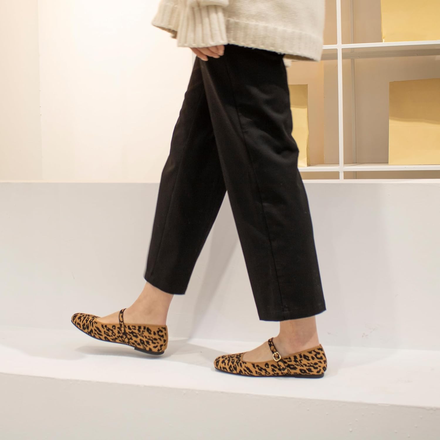 Knit Flats for Women Square Toe Flats Casual Ballet Flats with Ankle Strap,Mary Jane Shoes Women Comfortable for Dressy Office - Image 3