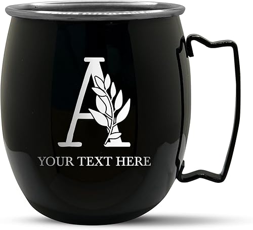 Taza negra personalizada con acabado liso, diseño de moscú, con monograma grabado, estilo barra, 18 onzas, individual