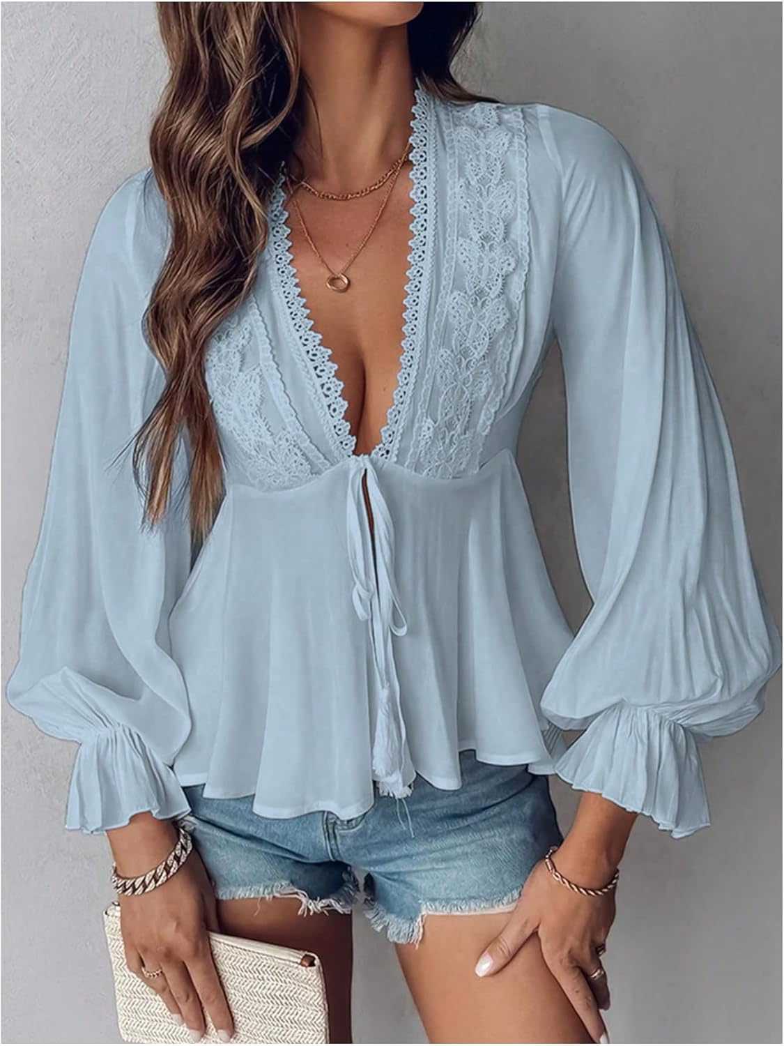 SweatyRocks Women's Lace Long Sleeve Peplum Top Tie Front Blouses V Neck Lantern Shirts - Image 3