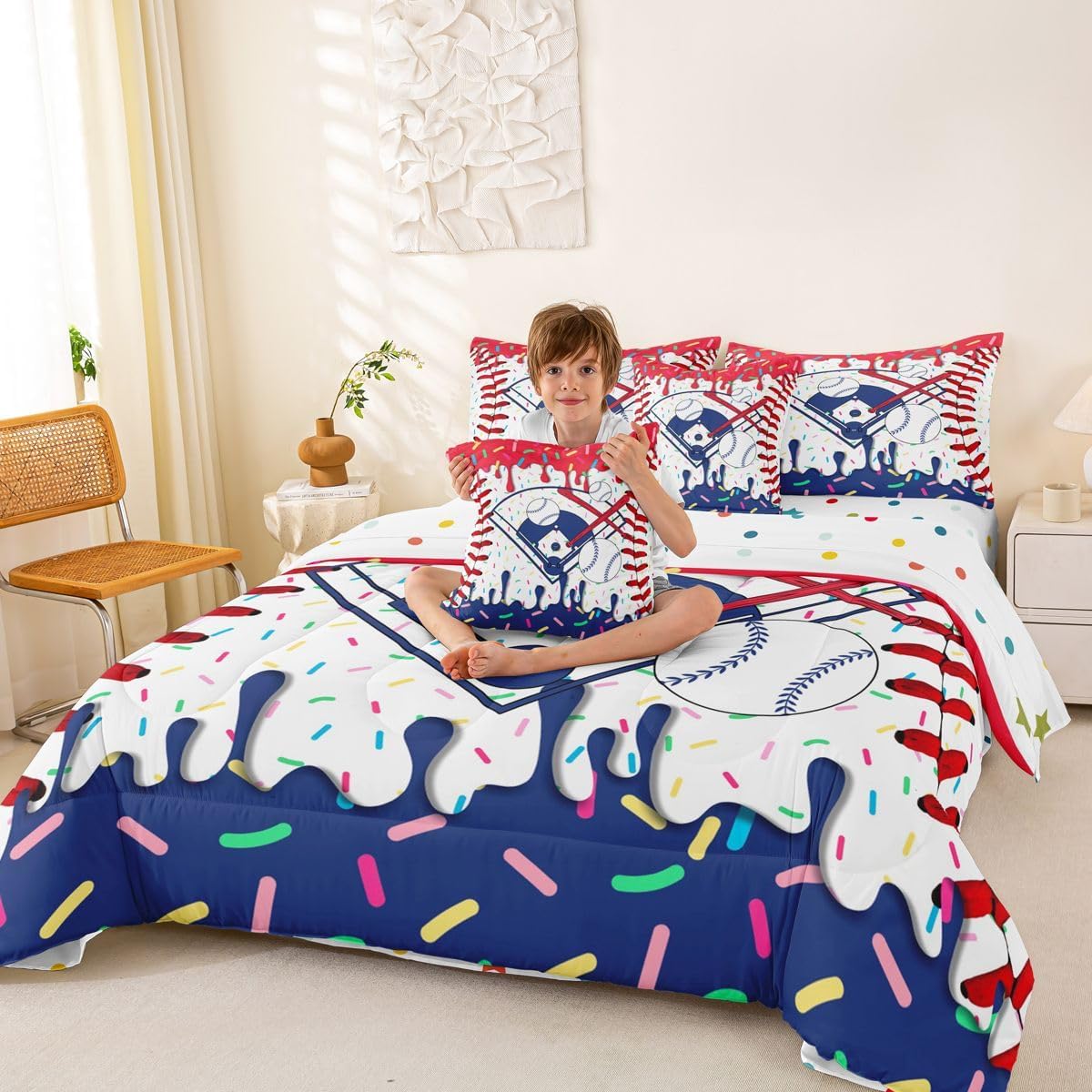 Baseball Ice Cream Comforter Set Queen Size, Baseball Sport 7 Piece Bedding For Kids Boy Adults Red Navy Blue Ice Cream Bed Sheet Sets With Fitted Sheet 2 Pillowcases Sports Ball Games Bed Decor image 4