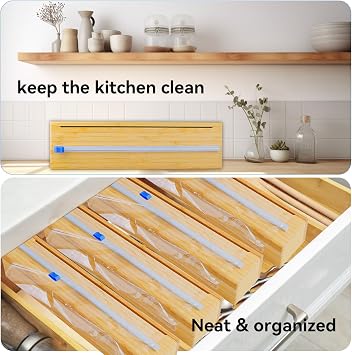 Uncle Jack Plastic Wrap Dispenser With Slide Cutter, Fit 13'' Rolls, Bamboo Aluminum Foil Dispenser with Cutter for Wax Paper, Saran Wrap