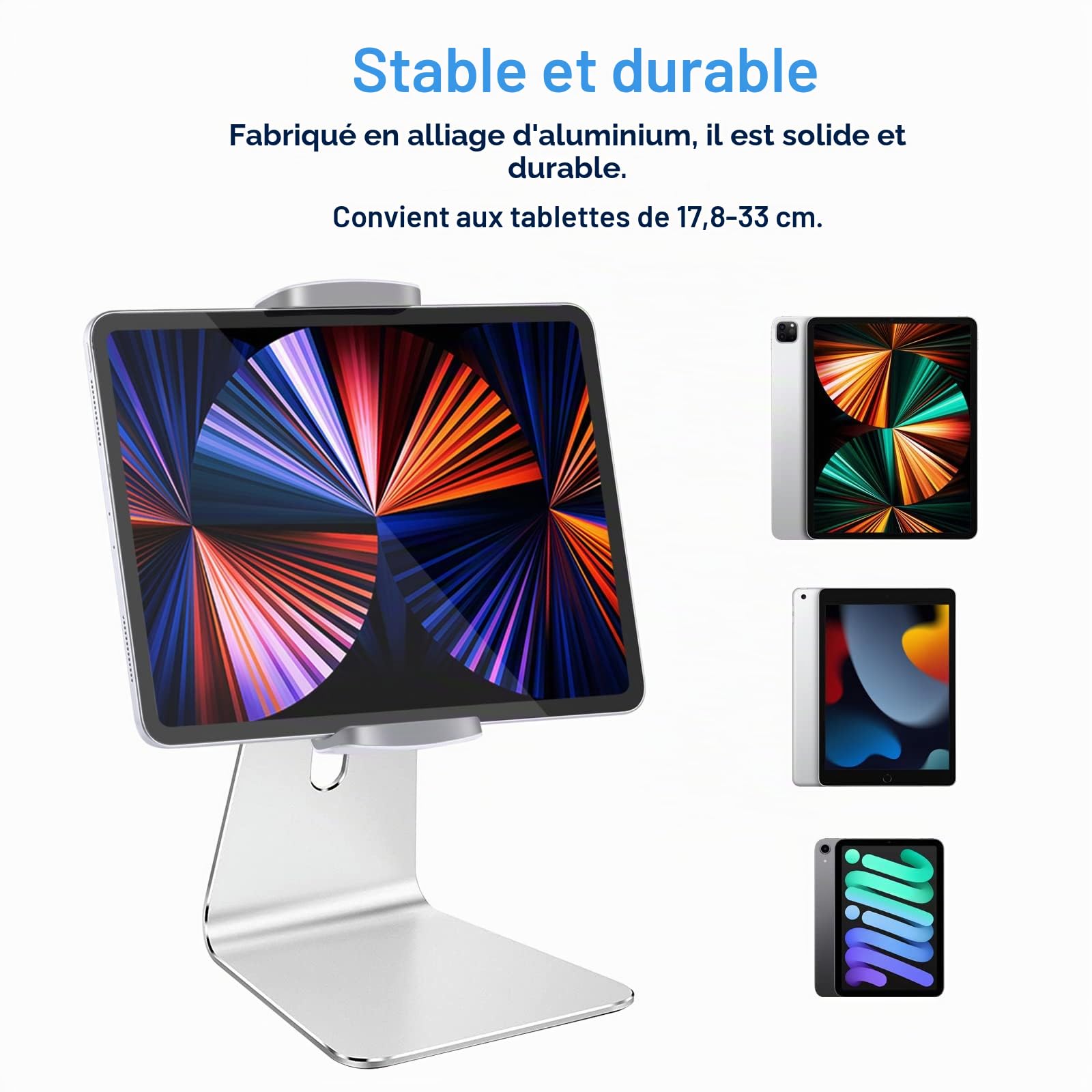 Support Tablette Réglable, Porte Tablette Bureau en Aluminium Lourd, Compatible avec iPad Pro/Air/Mini, Samsung Tab, Surface Pro, Kindle Fire (7-13") (Argenté)