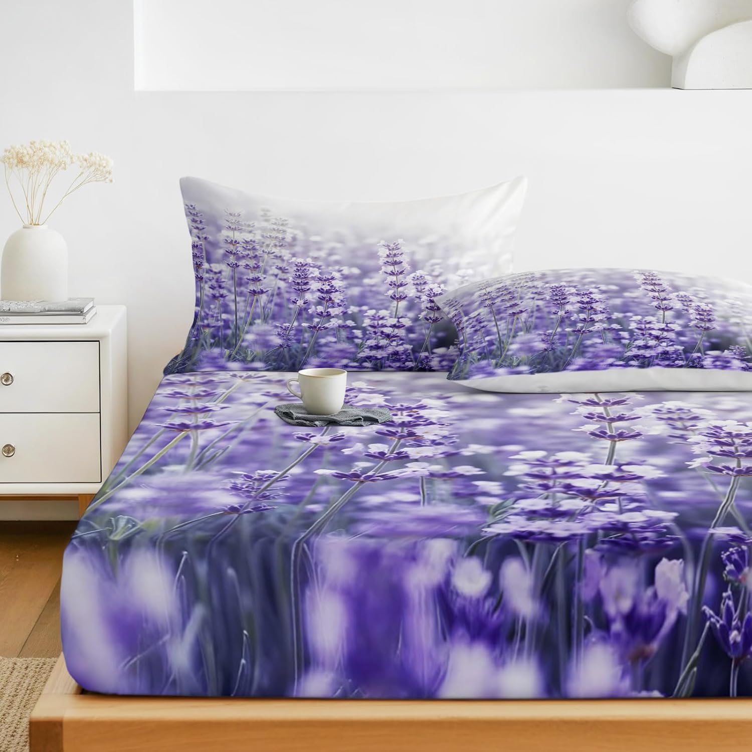 Bettlaken Lavendel Spannbettlaken 180x200cm Lila Blüten für Boxspringbett Weiche Mikrofaser Spannbetttuch 3D Spannbetttücher mit 2 Kissenbezug für Kinder Erwachsene XCW4627