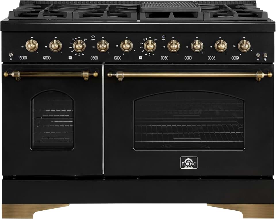 Forno Antico 48-inch Dual Fuel Range with 8 Burners, Convection Oven, Black and Antique Brass Finish