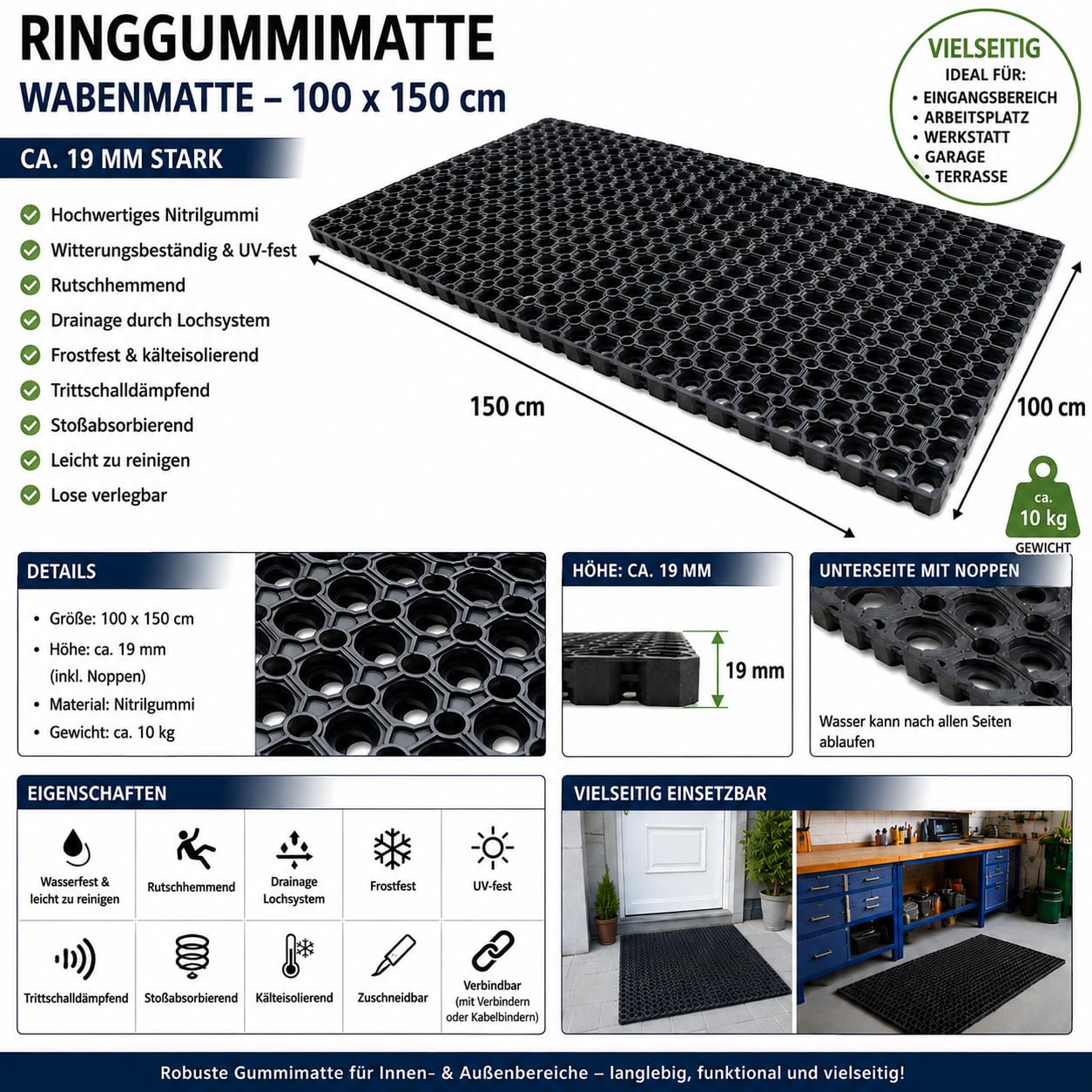 Sirocco Ringgummimatte 100×150 cm – 23 mm stark – Wabenmatte/Antirutsch Gummimatte für Außenbereich, Arbeitsplatz & Eingang – Ringmatte - wetterfest, rutschhemmend, wasserfest, zuschneidbar