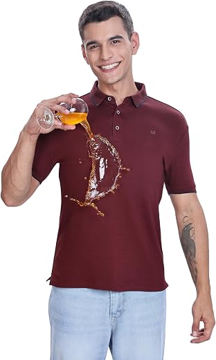 TURMS Men's Anti-Stain Casual Solid Polo T-Shirt, Anti-Odor &amp; Water Repellent, Stretchable &amp; Breathable, Cotton Modal Blen...