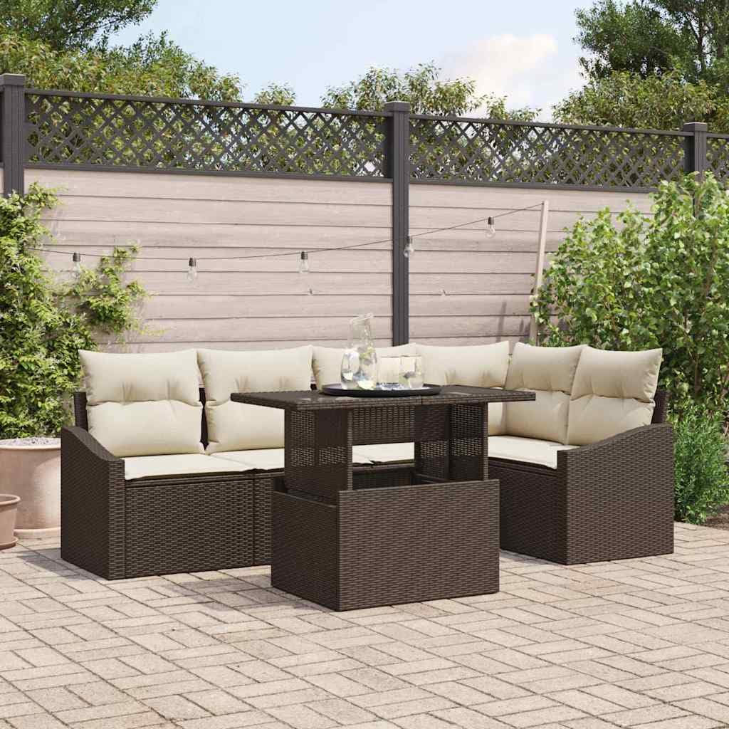 Zestaw Sof Ogrodowych 6 Miejsc z Poduszkami Brąz Kremowy Polirattan Stal Modułowy Narożnik Komplet Mebli Tarasowych Odporny na UV Stół Szklany 233x123x85 cm