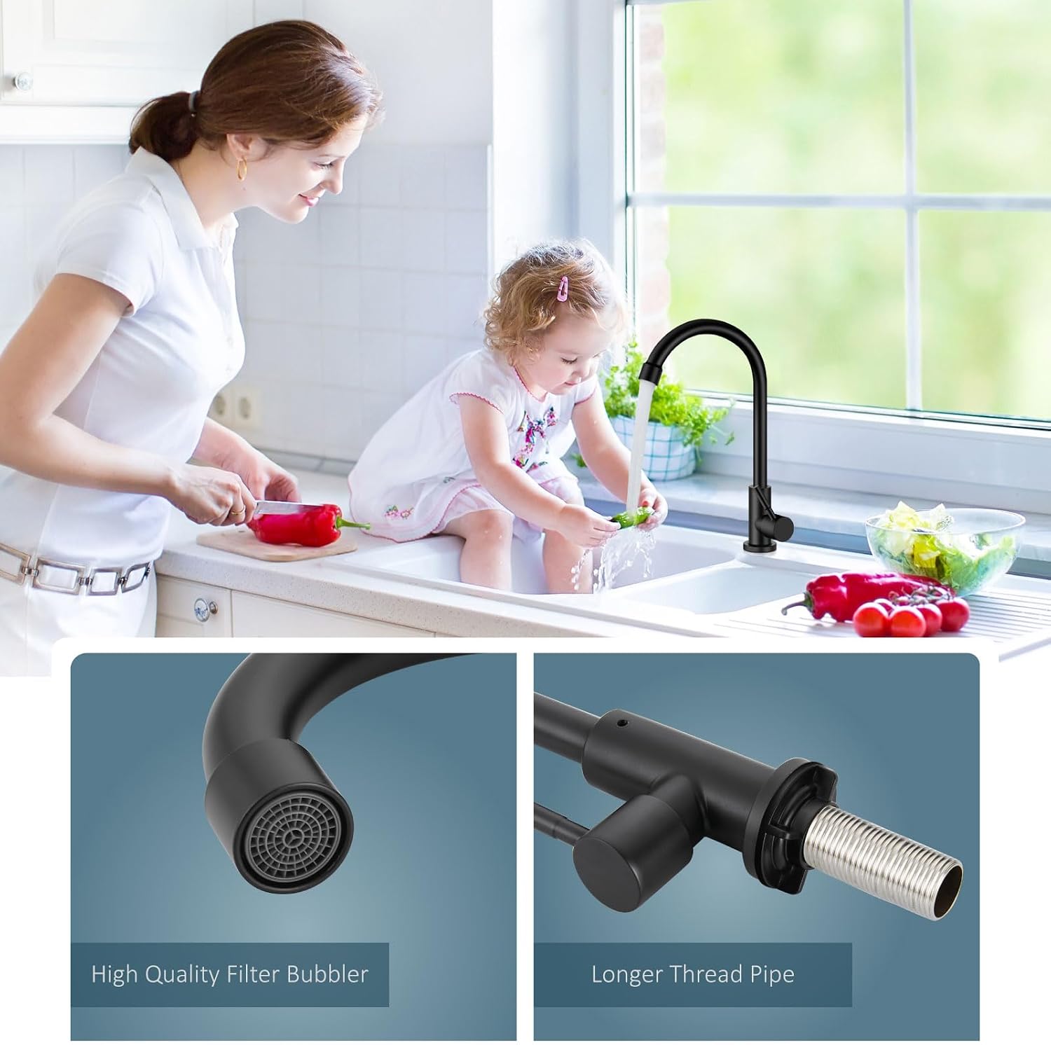 Aolemi Cold Water Only Kitchen Faucet Black 304 Stainless Steel Sink Faucet High Arc Faucet
