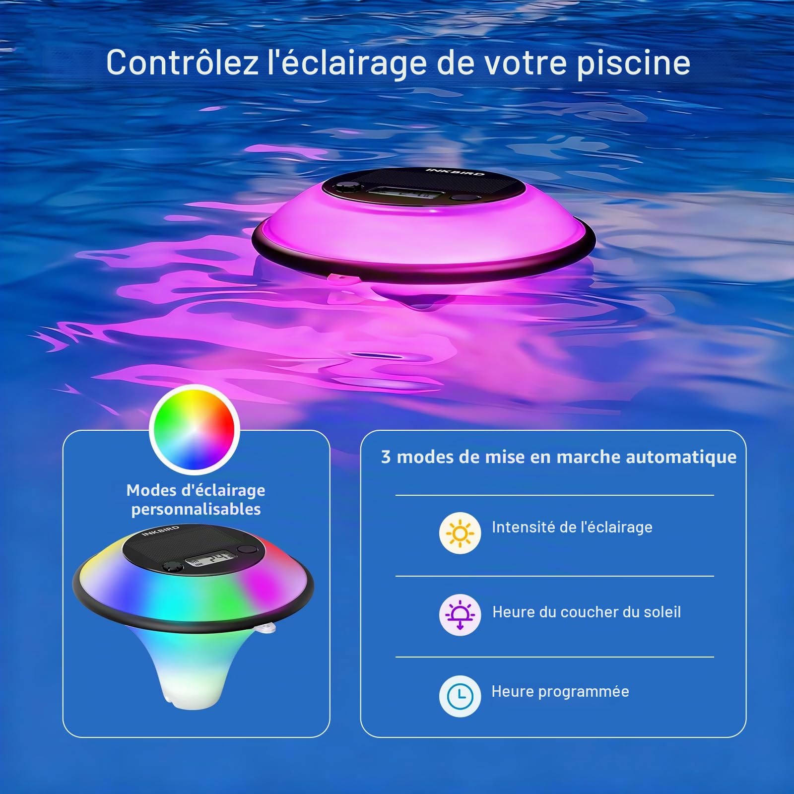 Inkbird Thermomètre Piscine WiFi Solaire, Étanche IP68, Lumières Multicolores, 3 Modes Auto-On, Moniteur Multifonctionnel, Contrôle App