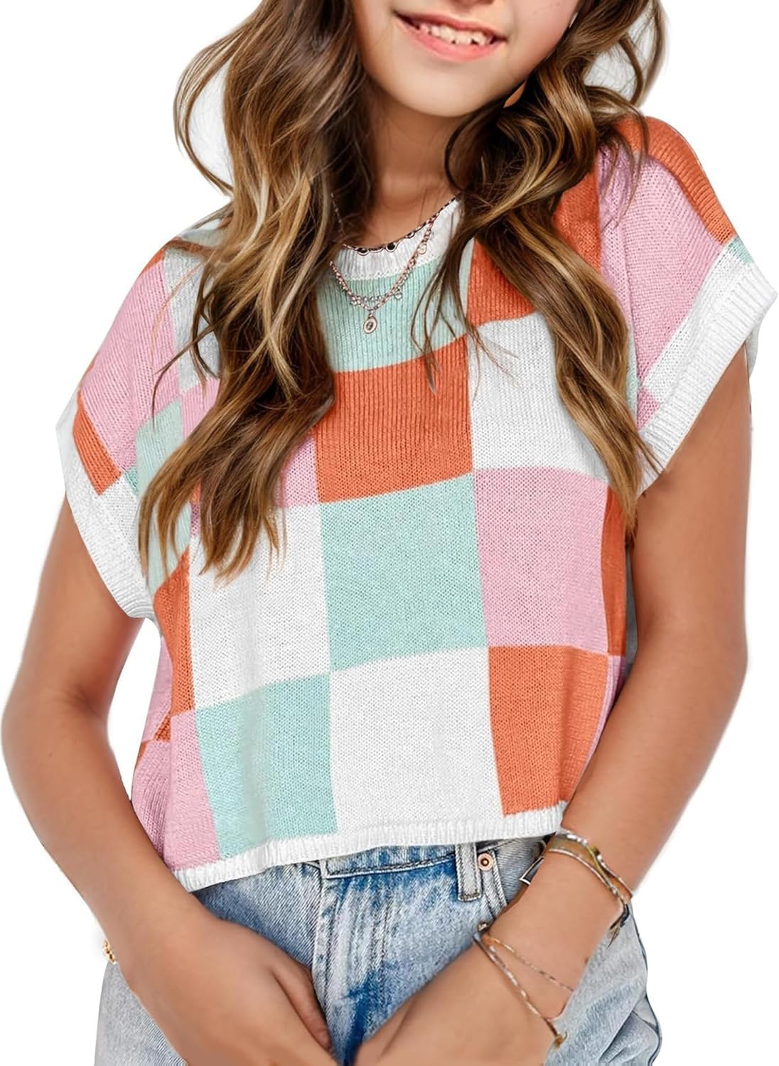 Girls Spring Crop Tops 2026 Summer Sweaters Cute Cap Sleeve Colorblock Loose Teen Top School Picture Outfits