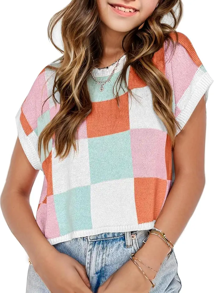 Putysenxi Girls Fall Crop Tops 2025 Cute Cap Sleeve Spring Summer Colorblock Loose Kids Knit Winter Sweaters Top