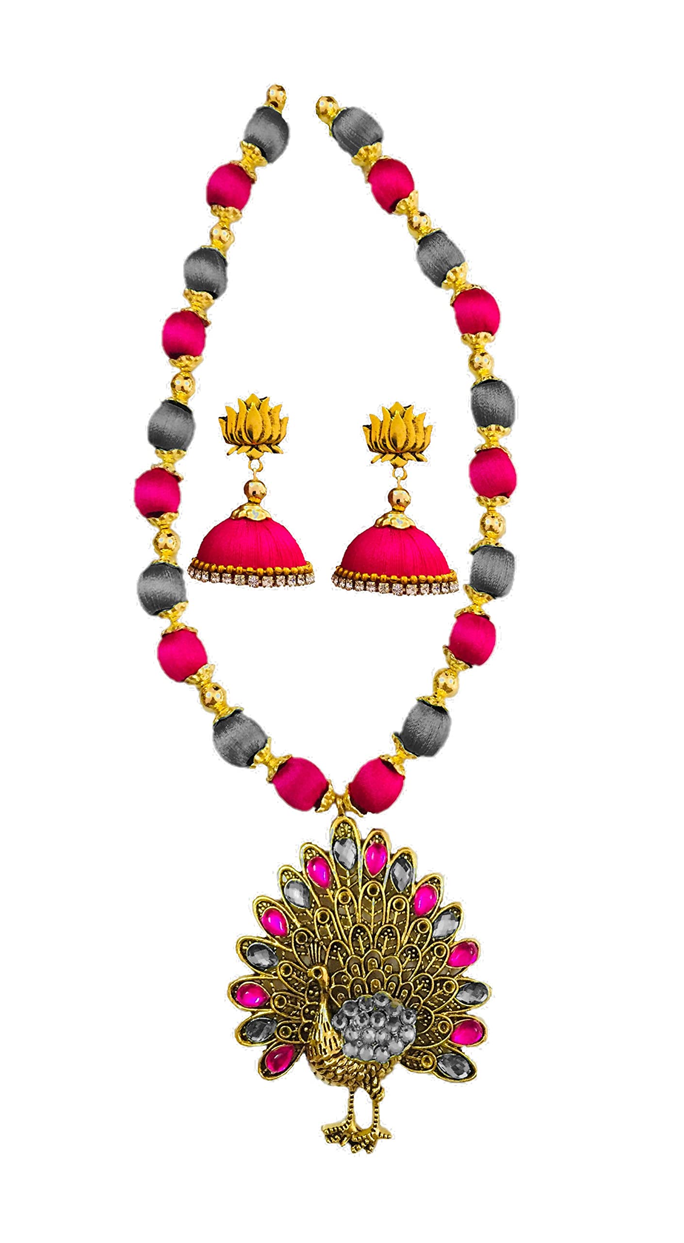 Ambal Double Colour Antique lotus sted & Peacock Pendant silk thread necklace set for womens and girls (Grey) (B09BPDX42F) Amazon Price History, Amazon Price Tracker
