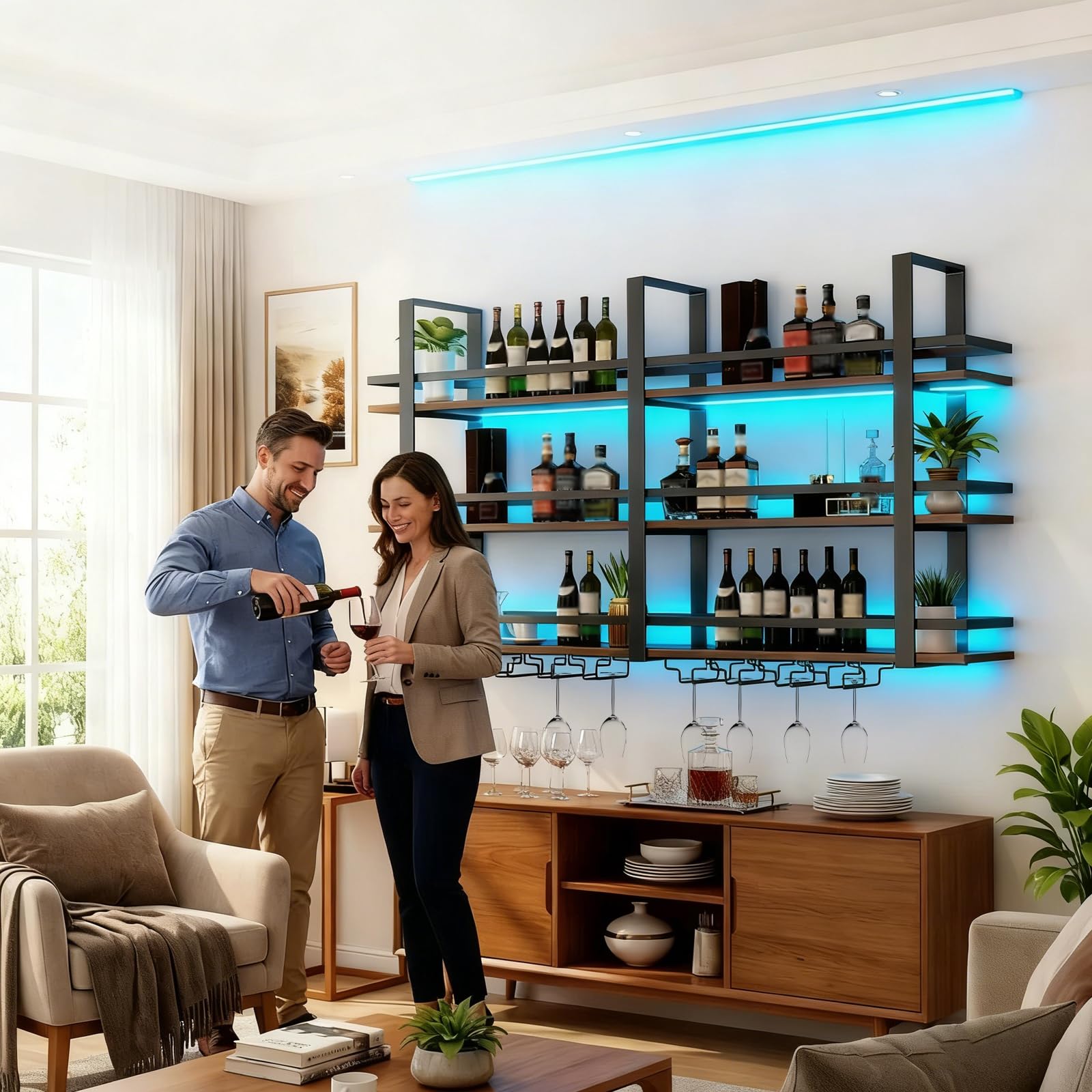 Portabottiglie da Parete con Luce a LED, Mensola Espositivi in Metallo per Bottiglie di Liquori, Espositore di Vino di Grandi Dimensioni, con Portabicchieri per Casa, Cucina, Bar, Sala (nero, 160cm)