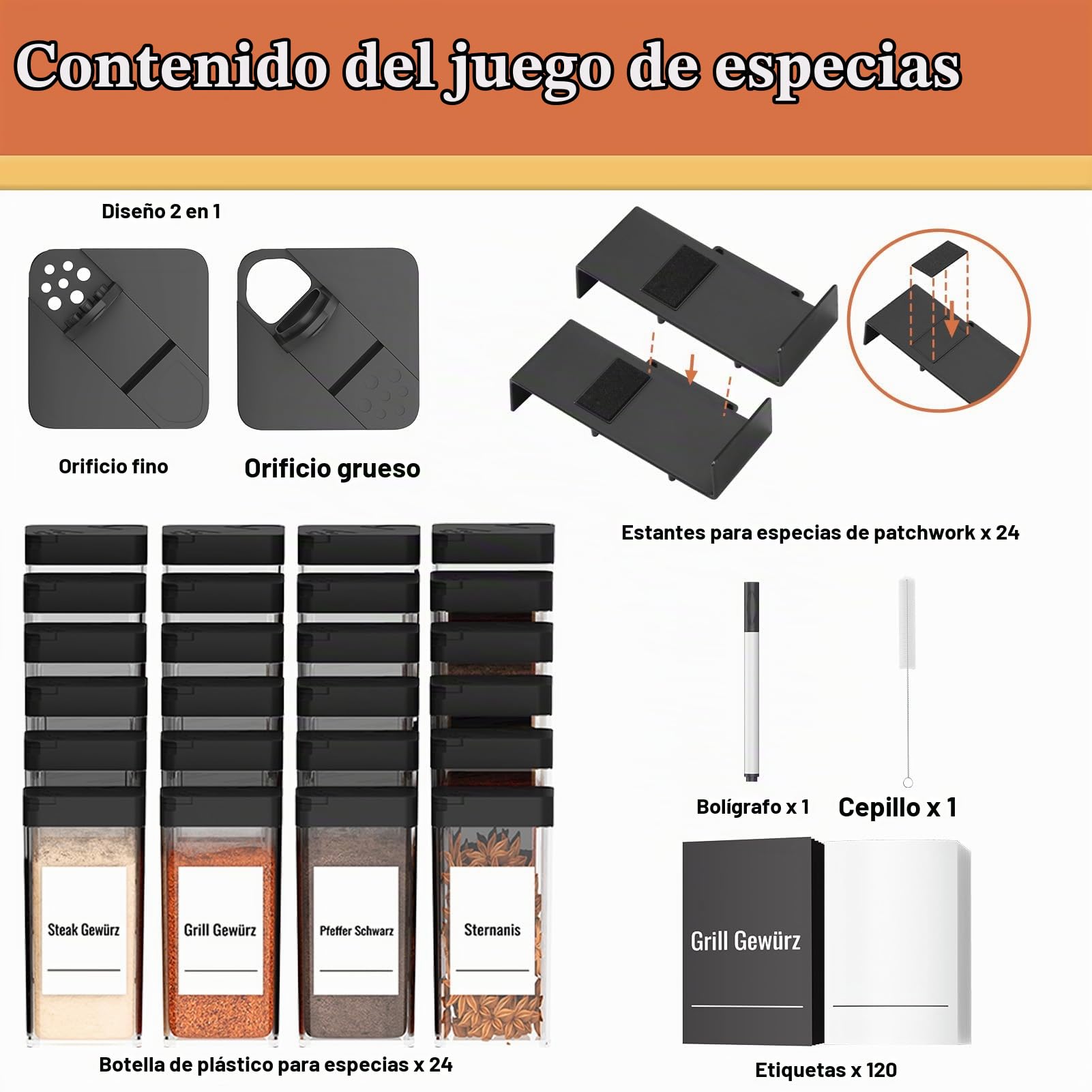Famhap 24 Especiero de Cajón Con 24 Botes Especias, piezas Bandeja para Cajones de Cocina, Cajón para Especias Colocable para Frascos de Especias