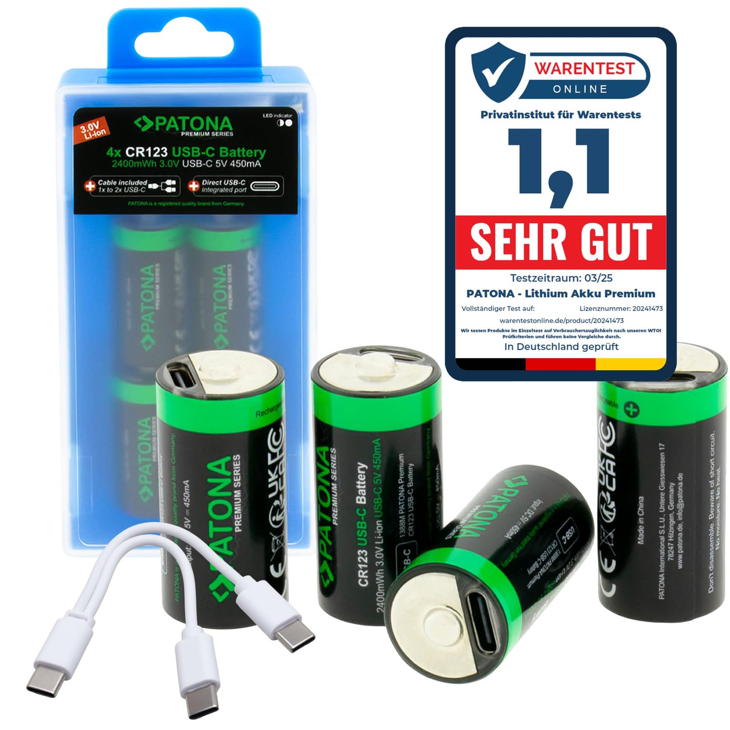 PATONA 4X CR123A Akku 3V wiederaufladbar – Lithium-Akku mit USB-C-Ladefunktion – inkl. 1-zu-2 USB-C-Kabel – für Kamera, Taschenlampe und Mikrofon