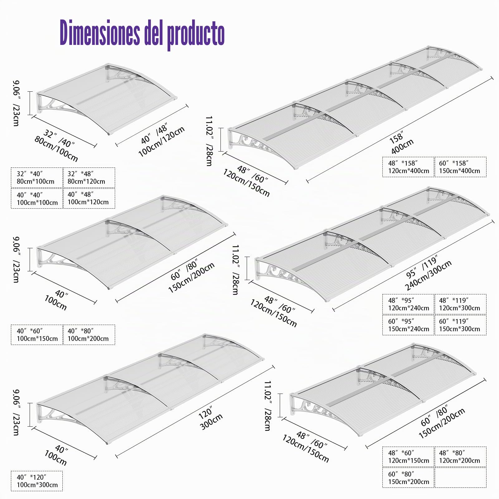 Marquesina Puerta Exterior 80 x 120 cm – Marquesina Exterior de Policarbonato con Soportes de ABS, Protección contra Lluvia, Nieve y Rayos UV para Puerta, Ventana y Terraza