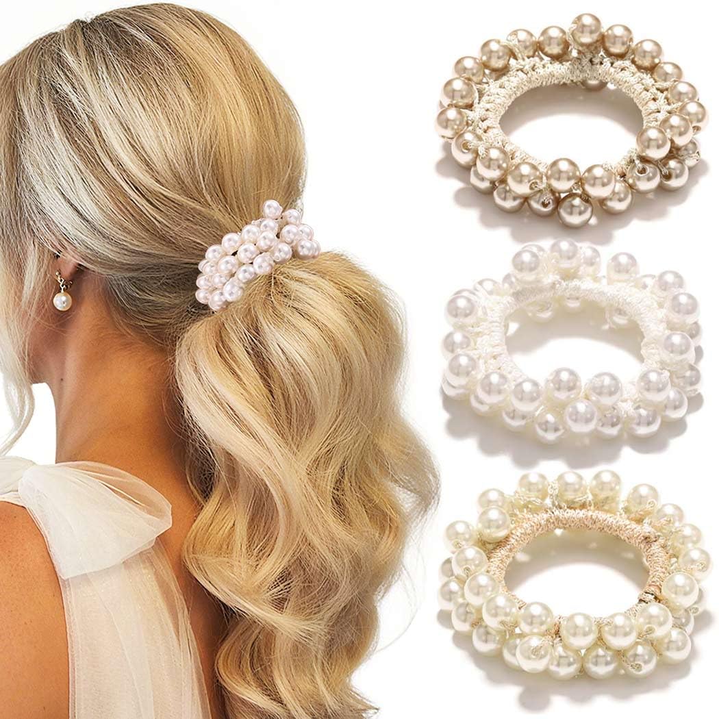 CAKURE Pearl Scrunchies Beaded Hair Ties Decorative Ponytail Holder Pearl Hair Accessories for Women and Girls (Pack of 3)