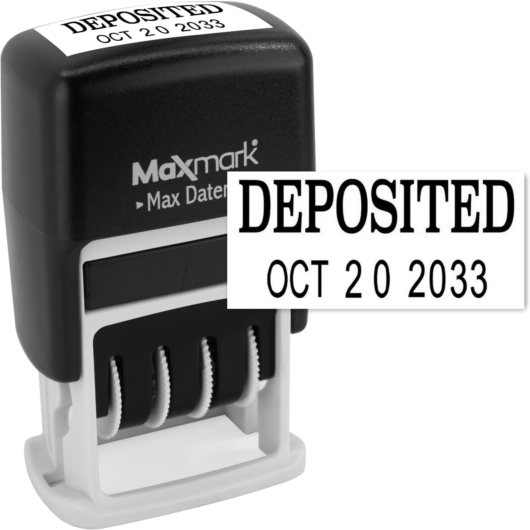 MaxMark Self-Inking Rubber Date Office Stamp with DEPOSITED Phrase & Date - Black Ink (Max Dater II), 12-Year Band