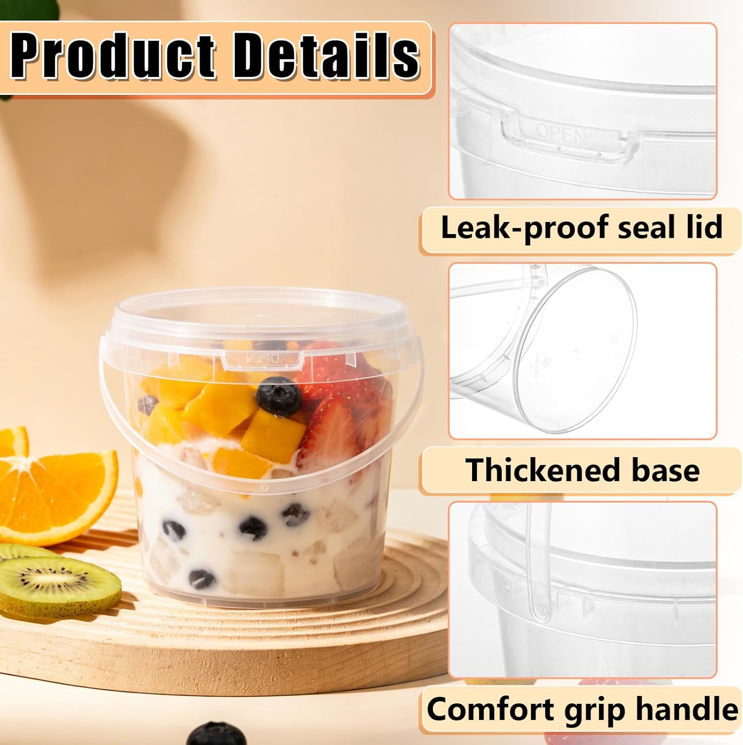 50PCS 24 Oz Plastic Ice Cream Containers 750ml Clear Buckets with Lids and Handles Freezer Safe Deli Containers for Snacks Deli Fruits, Drinks