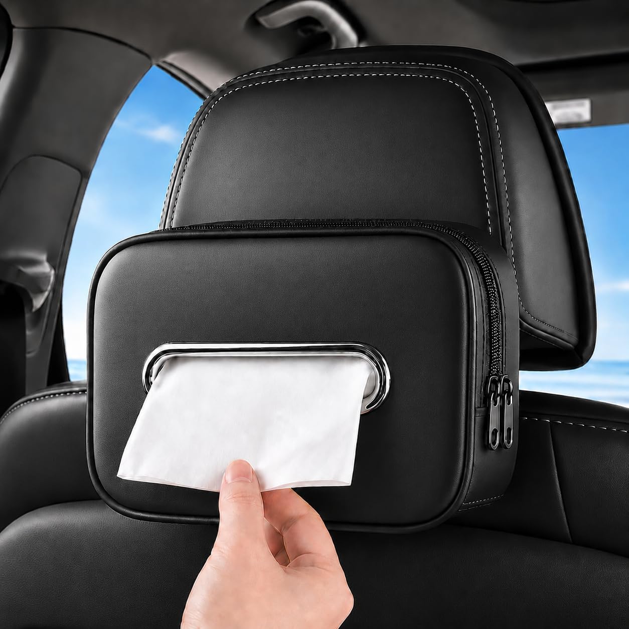 Leather Car Tissue Holder, Extra Large Tissue Holder for Car, Fits 120–230 Count Rectangular Tissue Boxes, Wider Opening for Easy Access, Dual Zipper for Headrest,Console,Seat Back (Black)
