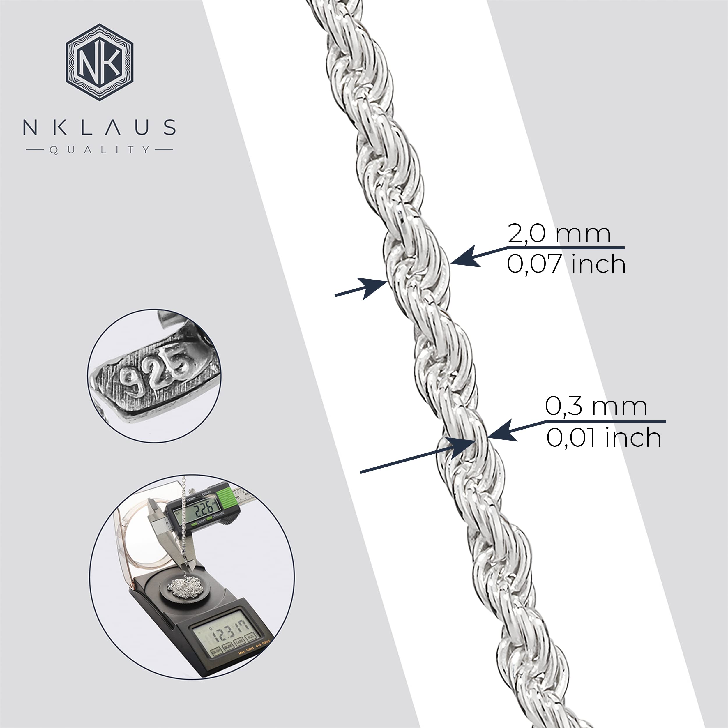 NKlaus 50 cm łańcuszek ze sznurkiem ze srebra próby 925, elegancki naszyjnik, szerokość: 2,0 mm, waga 6,8 g, 5698, Srebro szterlingowe, Bez kamieni szlachetnych