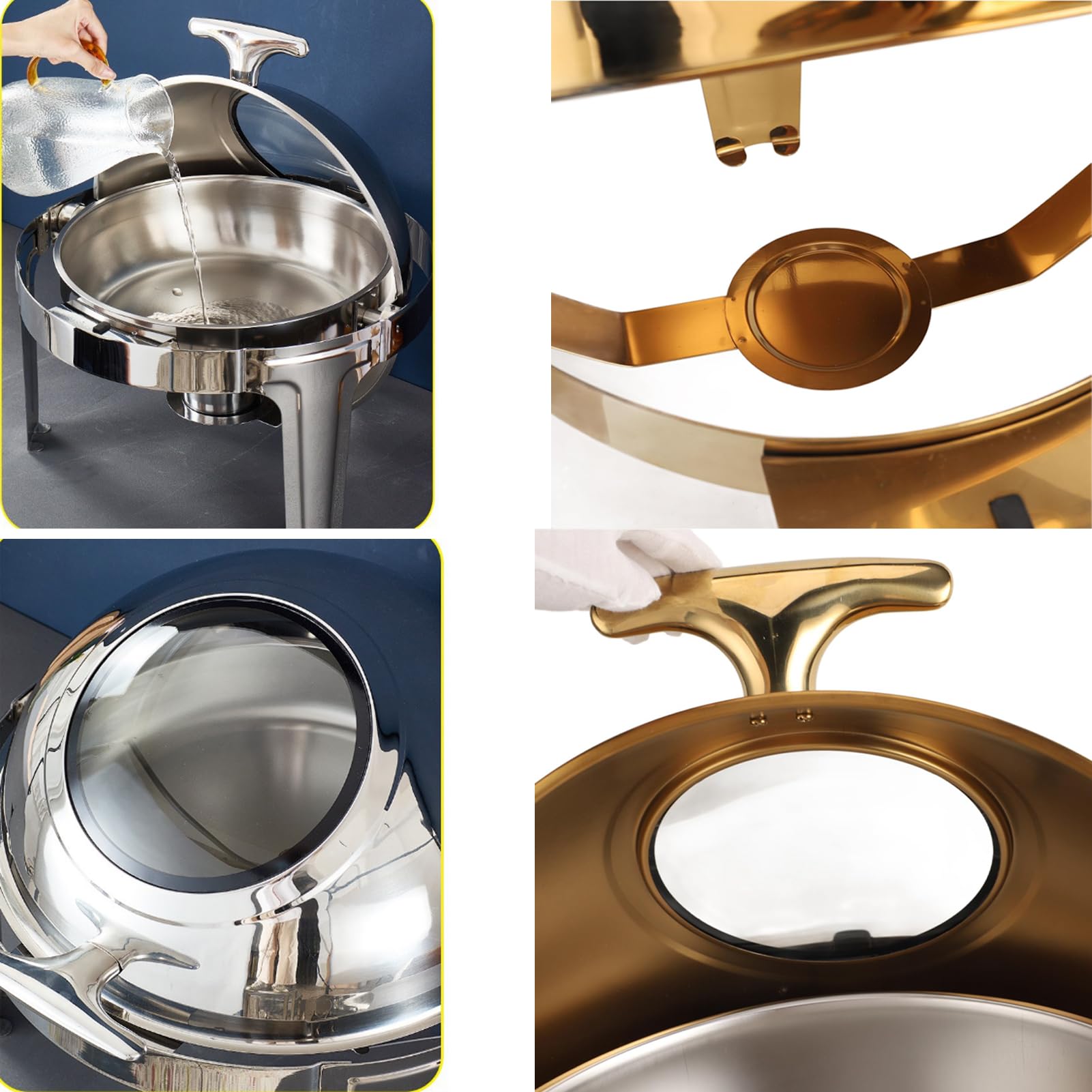 Juego De Buffet para Chafing Dish: 6 L, Calentador De Alimentos Redondo para Catering, Calentado con Alcohol, Giro Suave/0-180 °, Fácil De Limpiar, para Fiestas,Silver