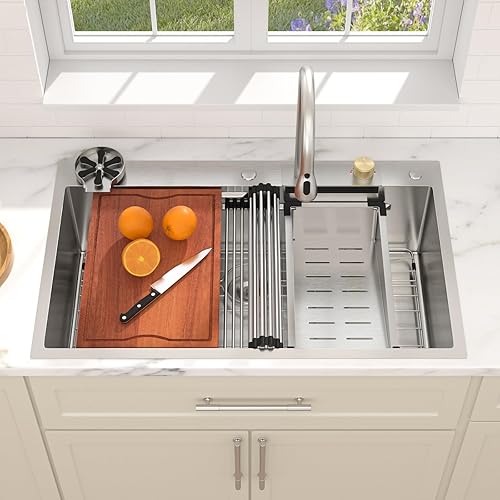 Miniatura 3 de Dcolora Fregadero de cocina en cascada de 33 x 22 pulgadas, fregadero inteligente con estación de trabajo con grifo, combo de acero inoxidable 304