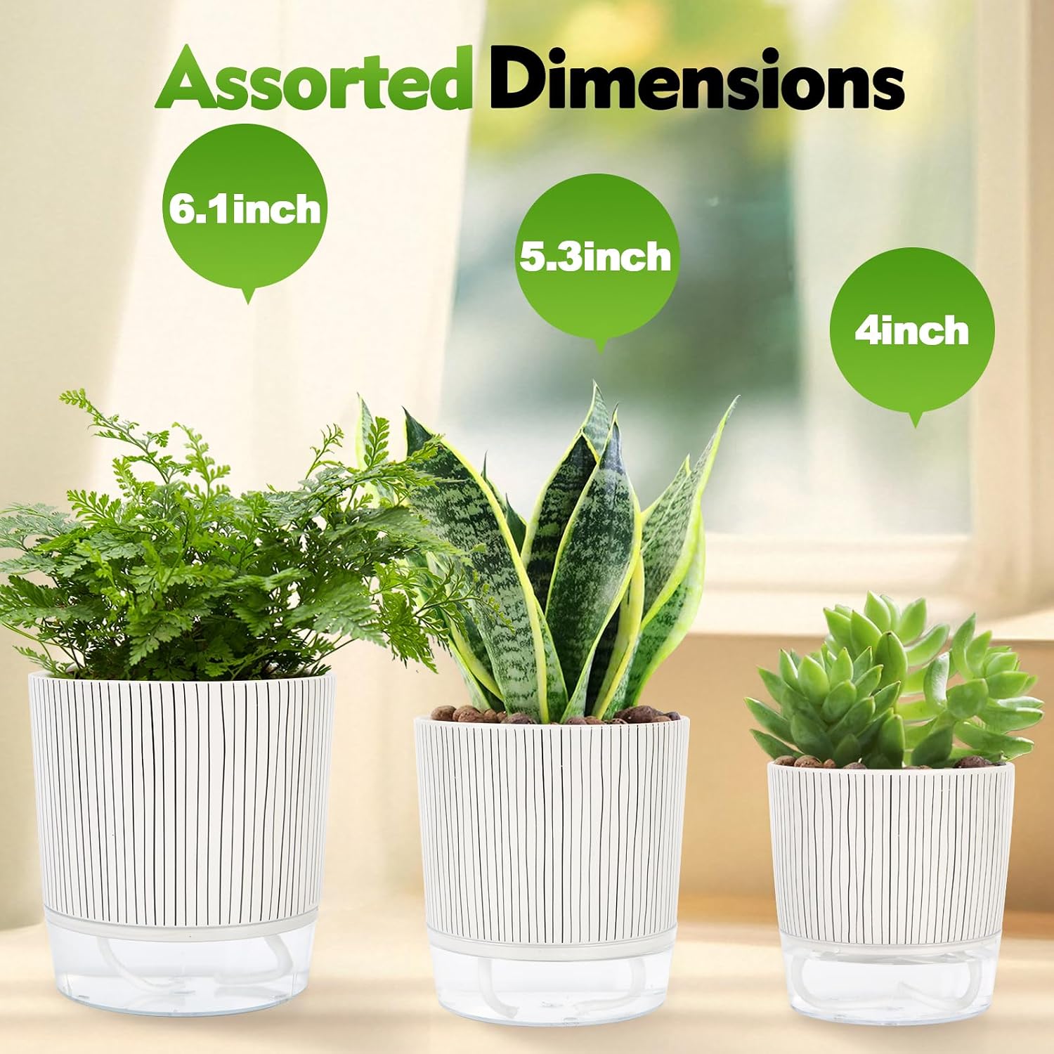Self Watering Pots for Indoor Plants, 6 & 5 & 4 Inch Stylish Flower Pots, Set of 3 Modern Planters with Self-Watering Feature (Black Stripes) image 5
