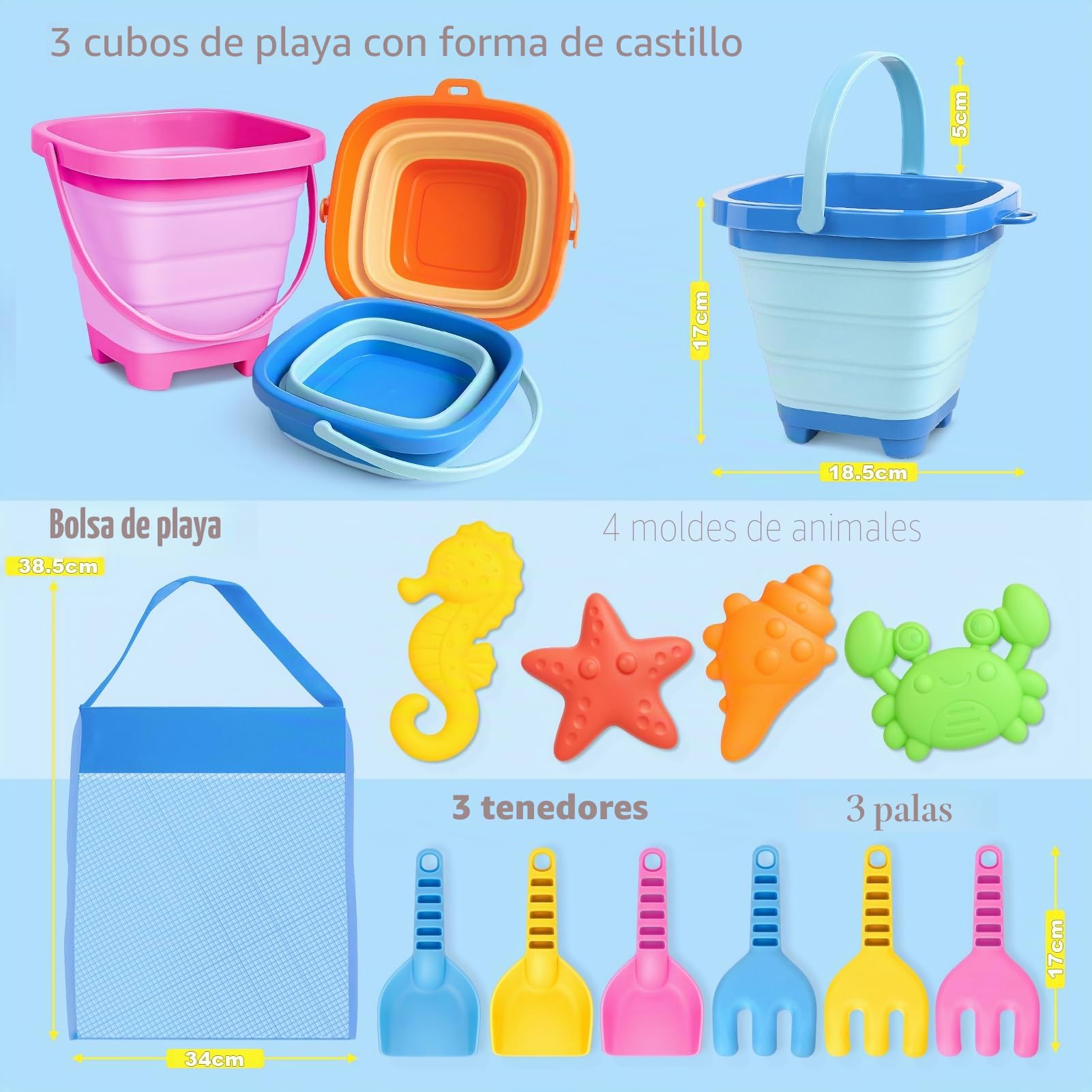 YIMORE Juguetes Playa,14 PCS Juguetes Playa Niños Bebe con Cubo Playa Plegable, Bolsa Juguetes Playa, Juguete de Exterior Regalo para Niño Niña