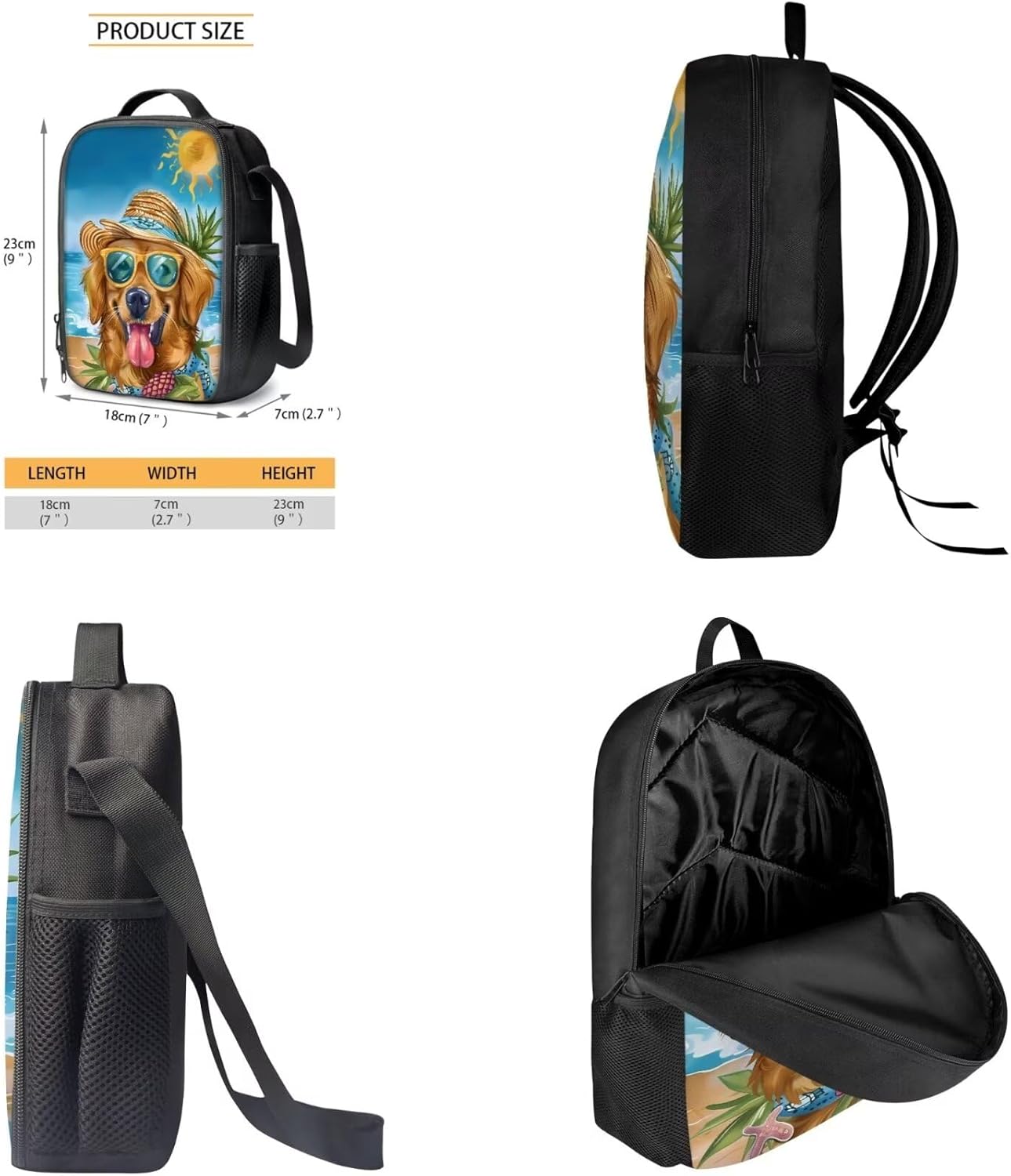 Golden Retriever School Backpack for Kids 8-10, Sun Comfy Students Knapsack Daypack with Lunch Box Pencil Pouch, Large Kids 3PCs School Bag Set for Boys Girls, Brown and Blue