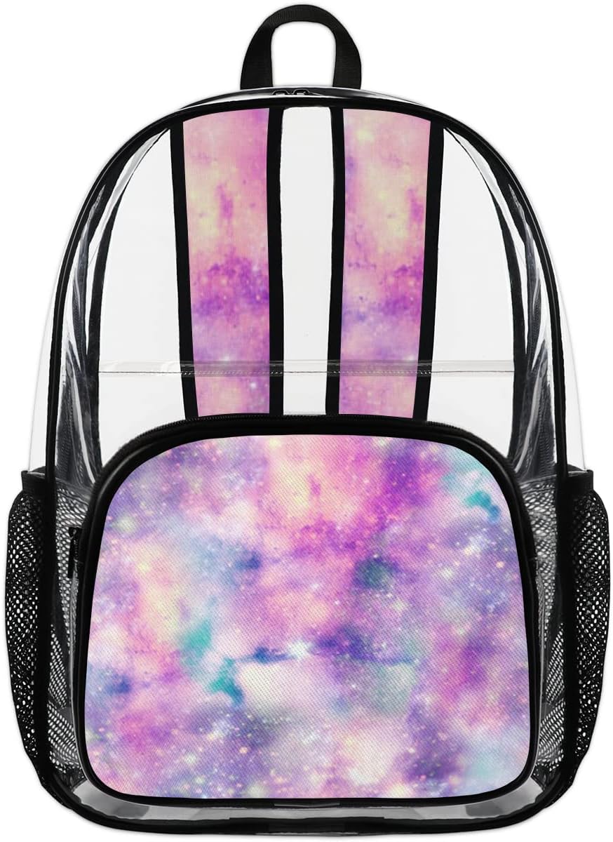 Starry Galaxy Print Clear Backpack Stadium Approved Heavy Duty PVC Transparent Backpacks Large Laptop Backpack for Work Travel Sports Events Concerts
