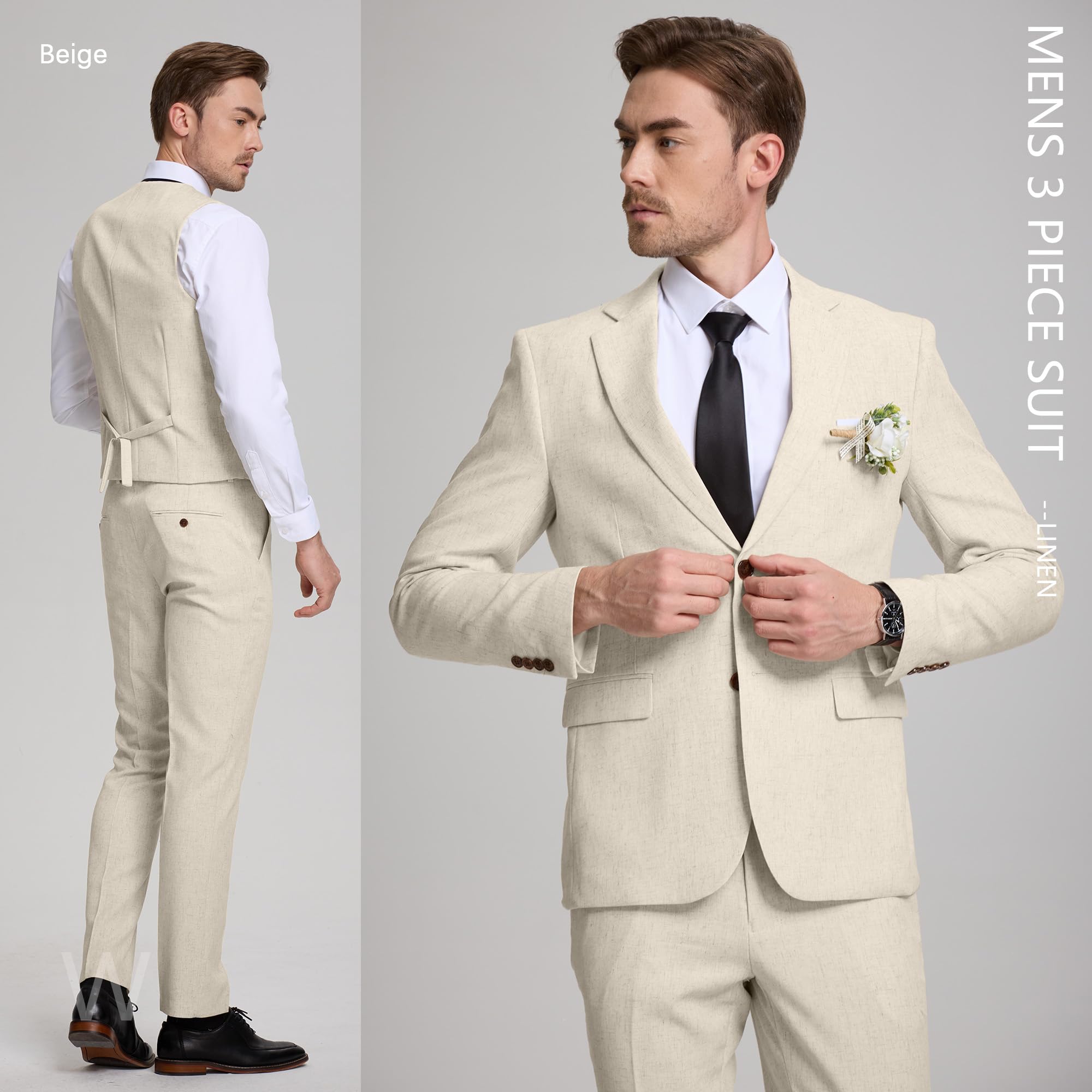 Completo da uomo in lino, 3 pezzi, slim fit, per spiaggia, matrimonio, formale, lavoro, sposo, ballo scolastico, set di abiti