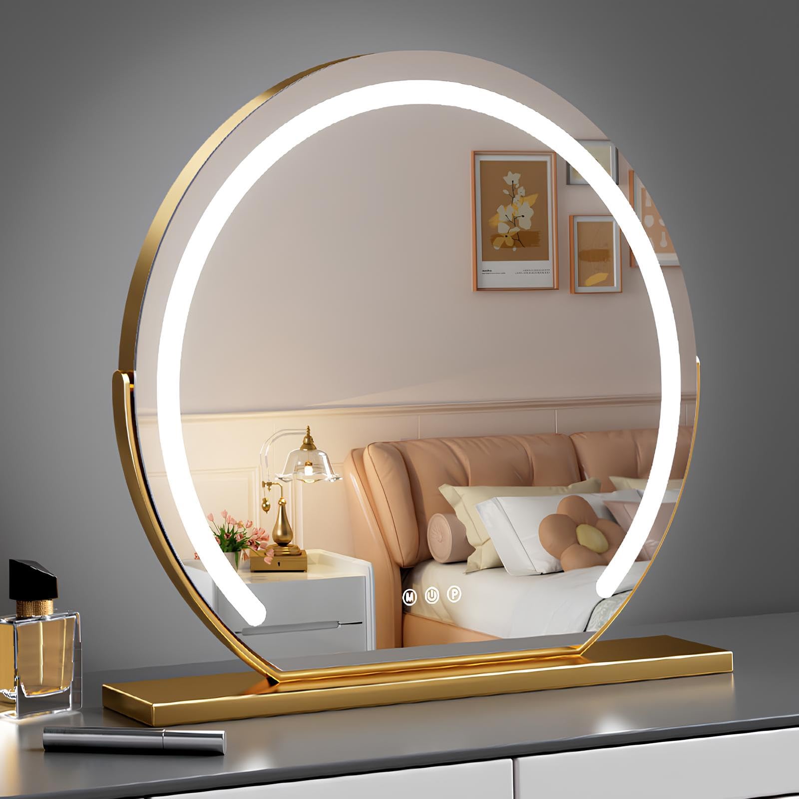 VQWQV Tabletop Illuminated Mirrors, 360° Rotating Makeup Mirror With Lights, Cosmetic Mirror For Vanity Shaving Or Plucking Eyebrow, Touch Switch, 3 Colors Dimmable(Gold,60cm/23.6in)