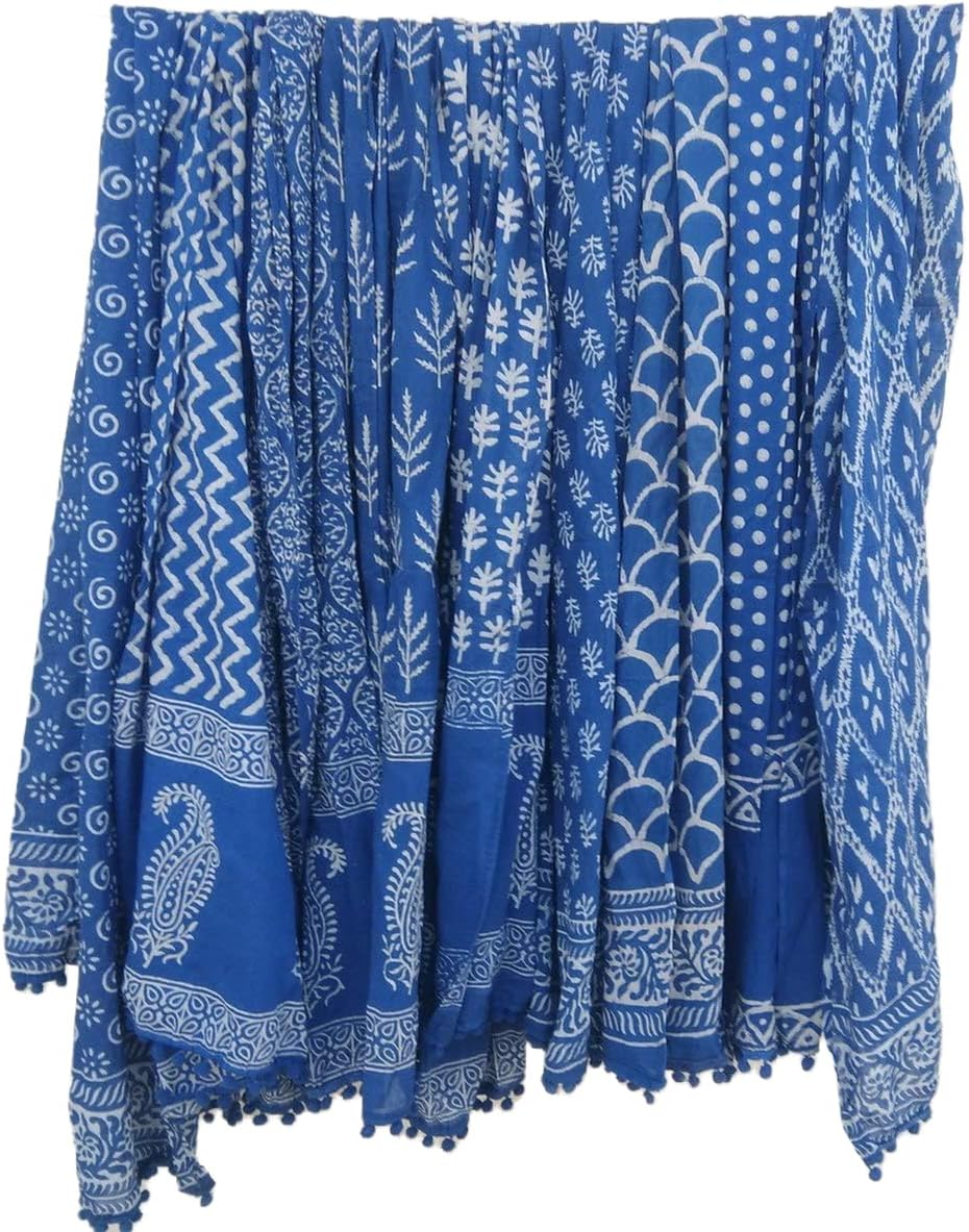 INDIANHANDICRAFTS 5 Pc Mix Lot Indigo Blue Scarves Indian Hand Block Print Sarong Stole Cotton Scarf Women Scarves Size 22x72 Inch 000