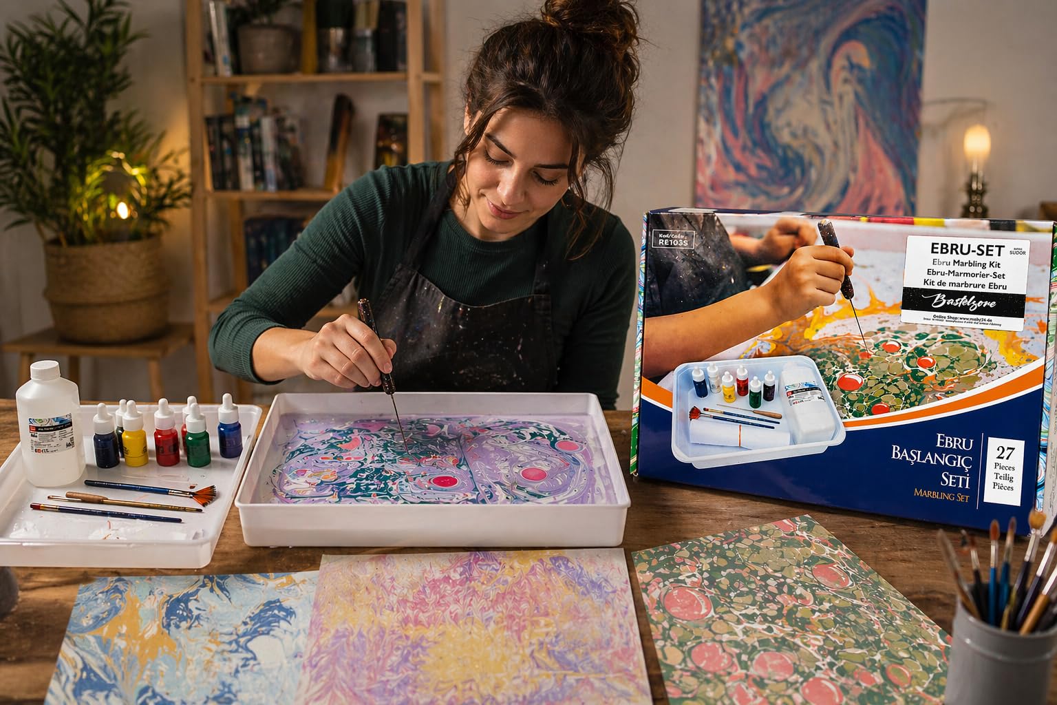 Ebru Malerei Kit de marbrure 27 pièces pour débutants et professionnels. Ebru Marbling Set. Auparavant 5 couleurs, MAINTENANT 9 couleurs (uniquement pour l'Europe)