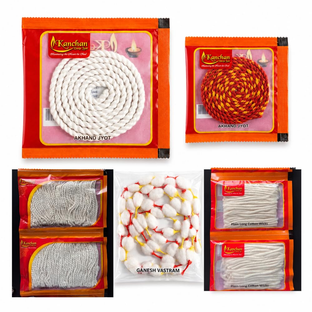 5-in-1 Pooja Essentials Combo | White Akhand Jyot, Red-Yellow Kalawa Akhand Jyot, Plain Cotton Wicks Pack of 2, Twisted Cotton Wicks Pack of 2 & Ganesh Vastram-image-22