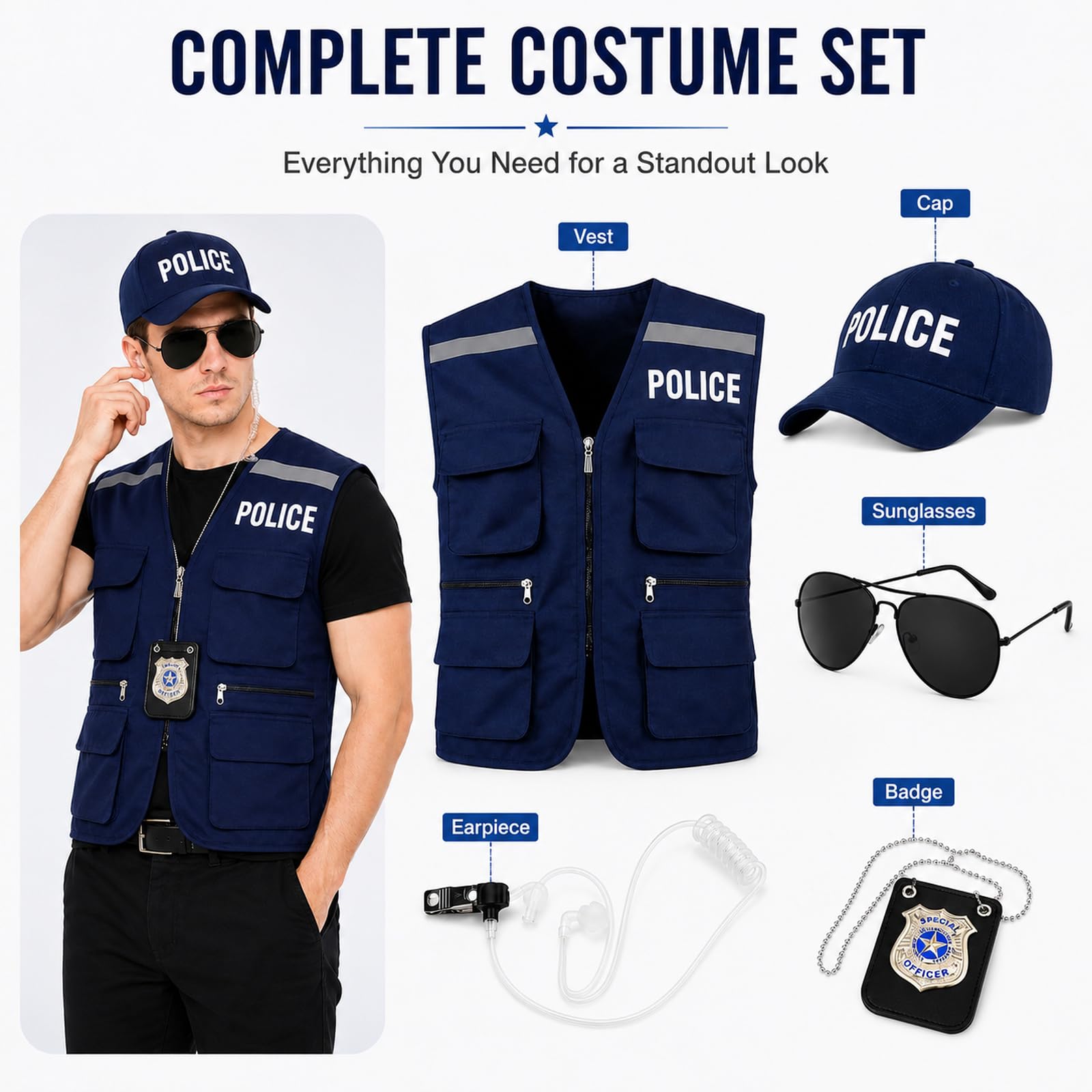 Polizei-Kostüm für Erwachsene, 5-teilig, Halloween-Polizisten-Kostüm, Herren, mit blauer Weste, Polizistenhut, Polizeiabzeichen, Kopfhörer, Brille, blaue Polizeiweste, Cosplay-Outfit für