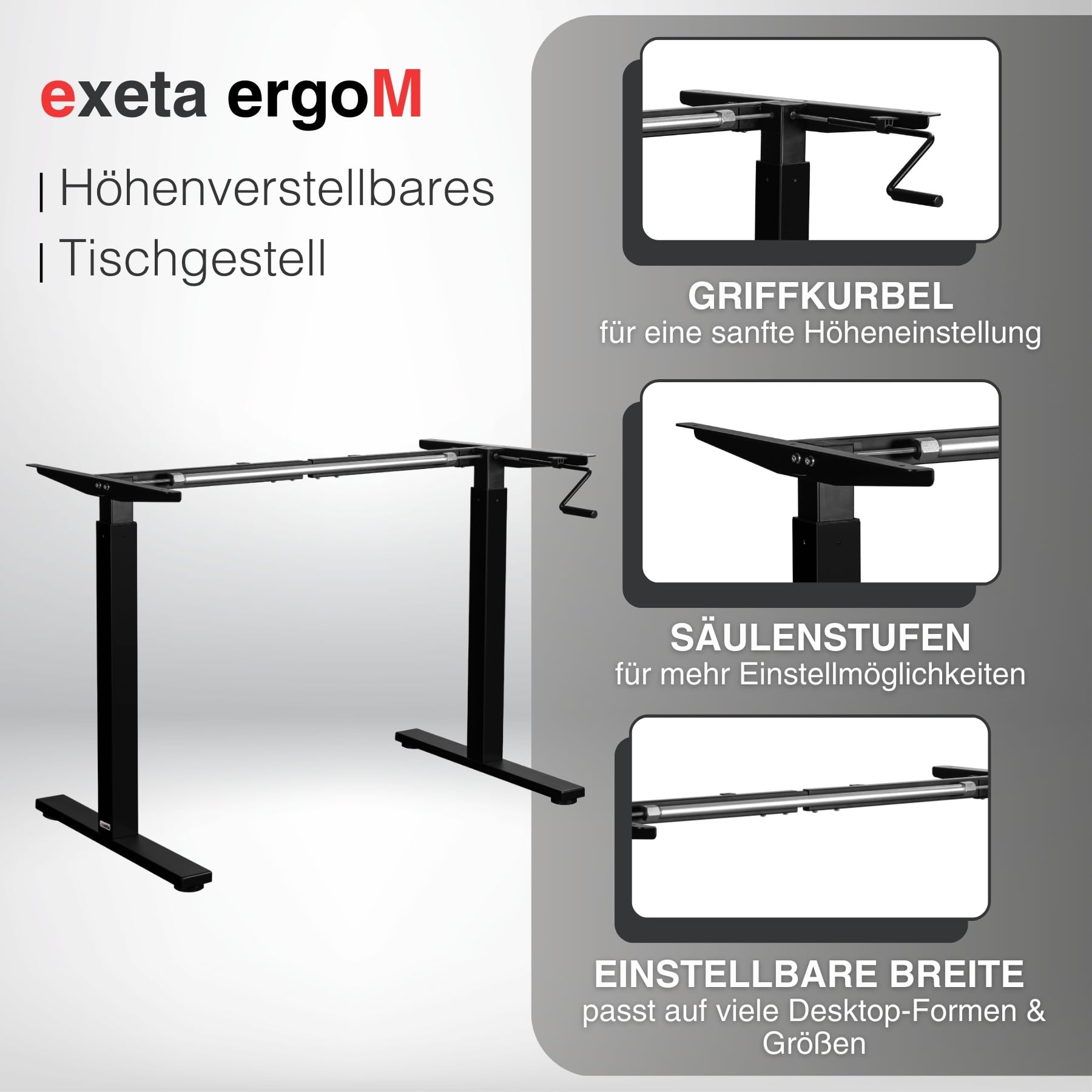 ergoM Schreibtischgestell höhenverstellbar mit Kurbel in schwarz I Tischgestell höhenverstellbar von 73-121cm I Höhenverstellbarer Schreibtisch manuell perfekt fürs Büro & Homeoffice (Schwarz)