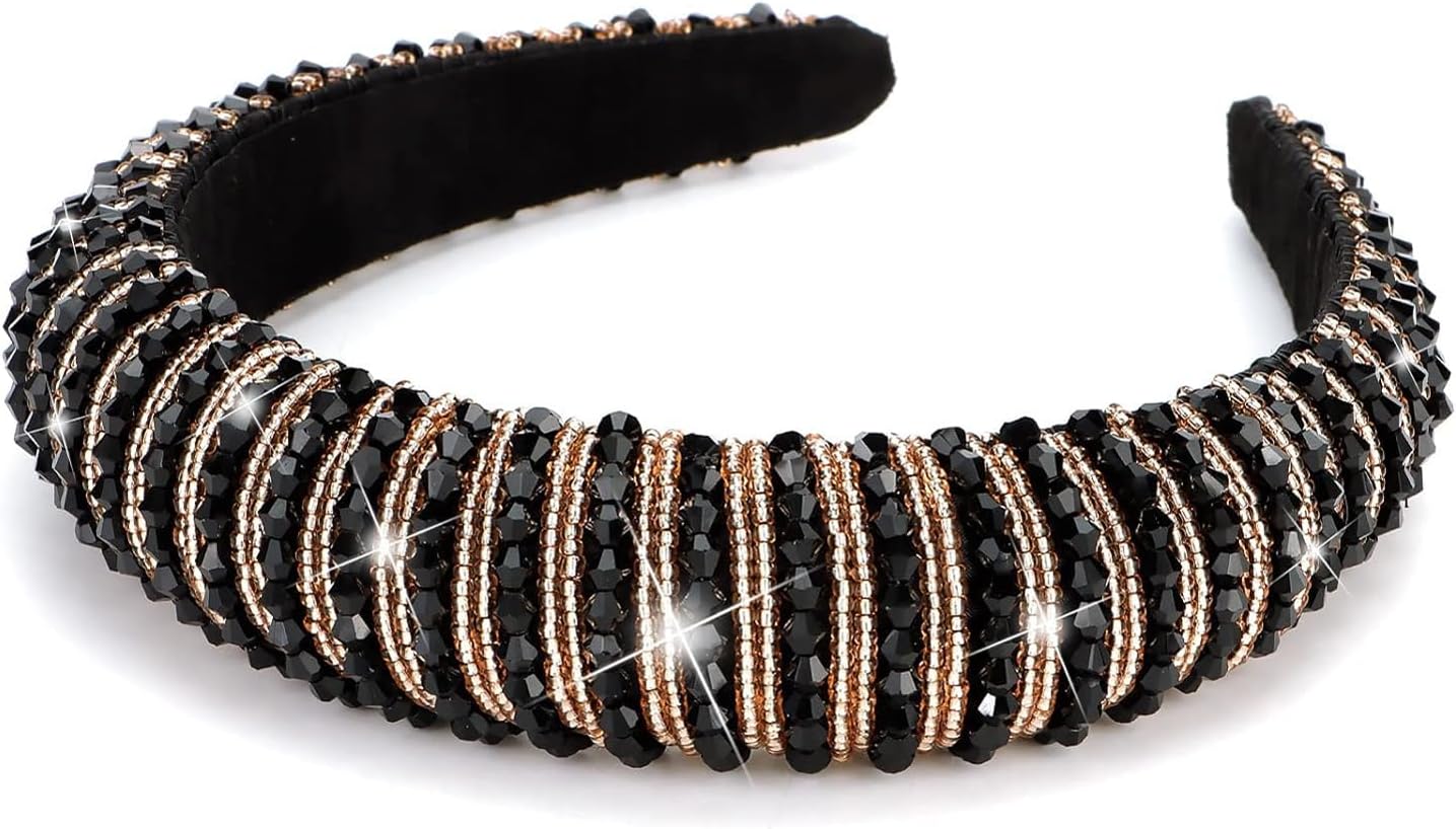 Stylish Full Crystal Luxury Hairbands | Fancy Shiny Bling Diamond Sparkle Crystal Beaded Headband | Hand-Woven Black White Pink Padded Rhinestones Hair Accessories, 1 count (Pack