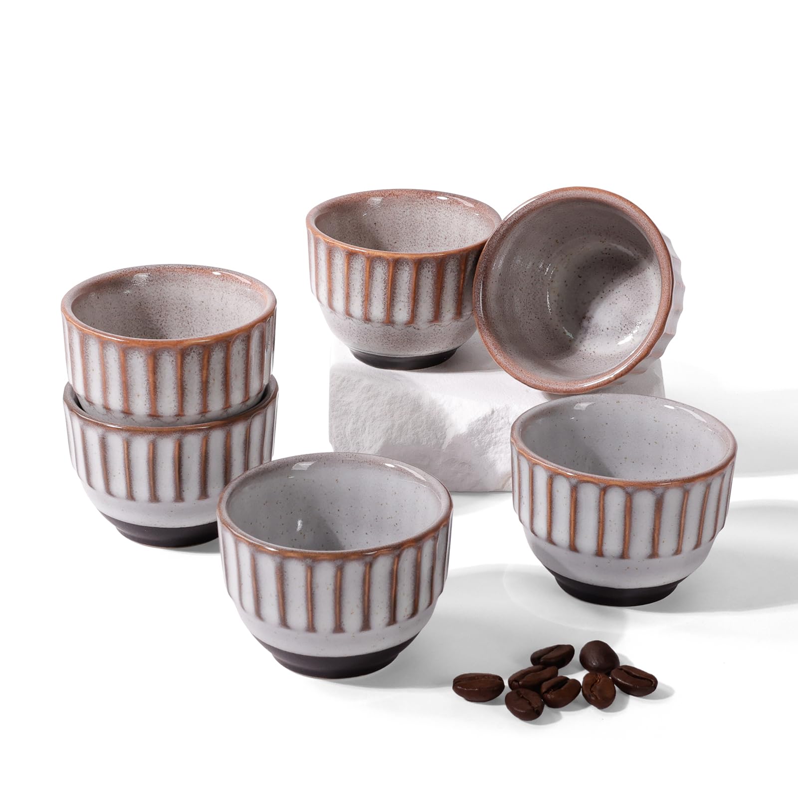 ZEBERBO Ceramic Espresso Cup Set of 6, One Shot Coffee Cups,Tiny Cofffee Mugs Demitasse for Espresso, Vertical Stripes Espresso Cup Set of 6 (Top Kiln-Gray & Bottom Dark Brown)