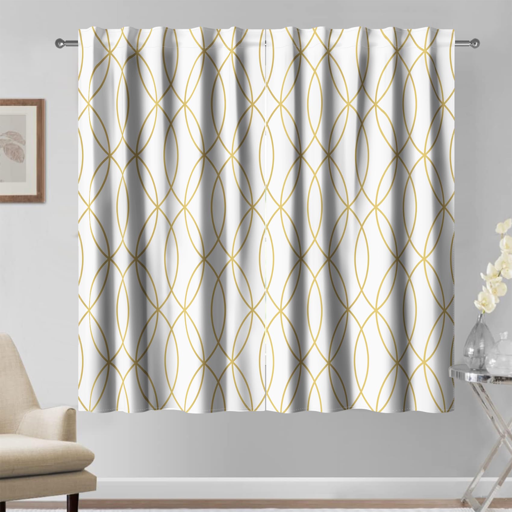Kzzfqxb 2 Panels 107x215cm Gold and White Curtains