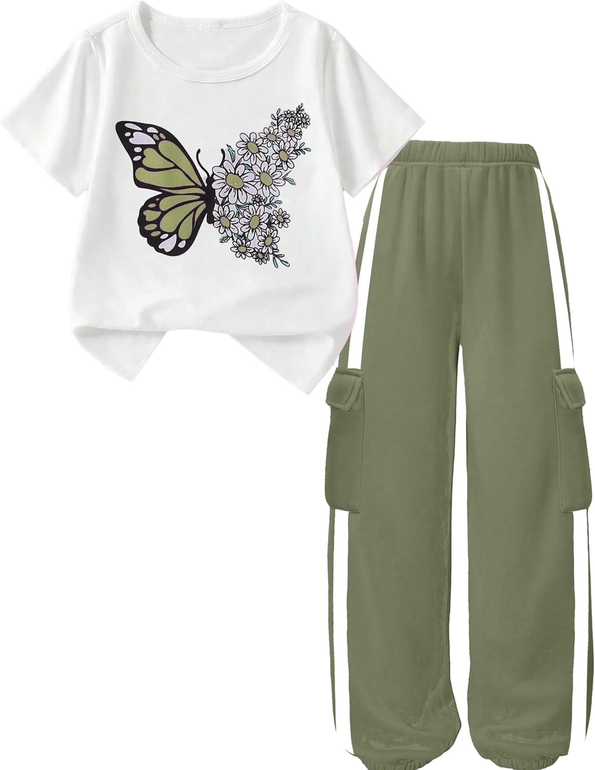 Girls 2 Piece Outfits Kids Short Sleeve T-Shirt Top Cargo Pants Sweatsuit Tracksuit Jogger Sweatpants Sets 4-13Y